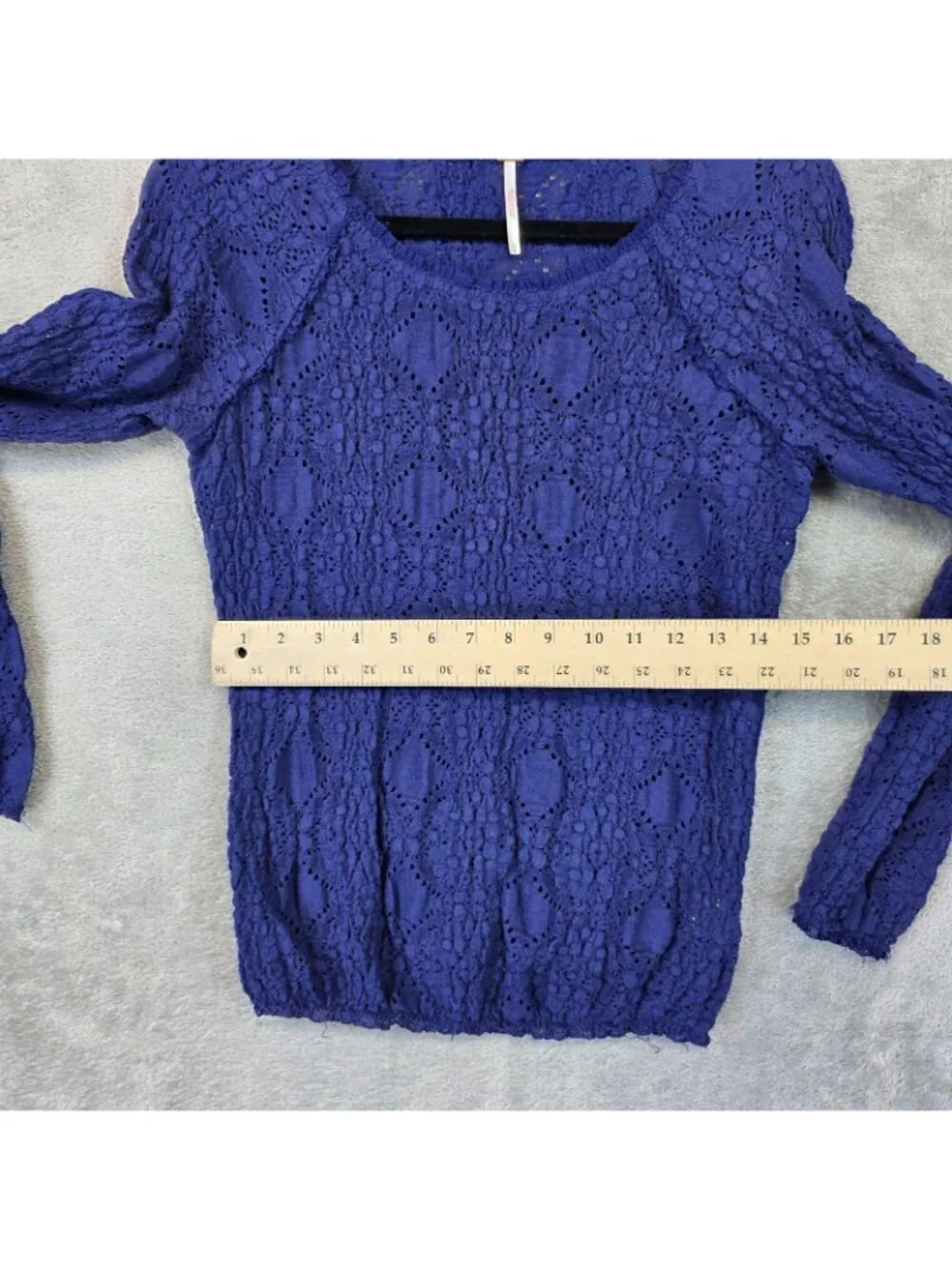 Free People Sunny Pucker Lace Top Womens M Blue Long Sleeve Stretch Boho